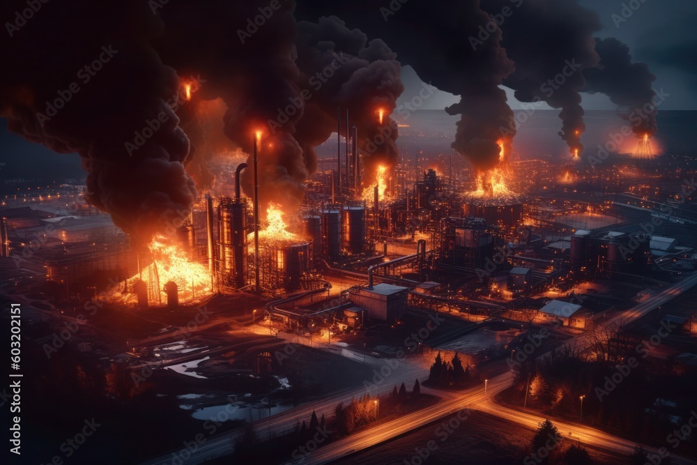 A gripping view from the sky at night, showing an oil factory engulfed in a raging fire and billowing smoke. The intense blaze illuminates the darkness, creating a scene of destruction Generative AI A gripping view from the sky at night, showing an oil factory engulfed in a raging fire and billowing smoke. The intense blaze illuminates the darkness, creating a scene of destruction Generative AI