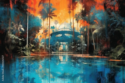 Vivid artistic painting capturing the essence of a tropical paradise in shades of orange and blue. Exquisite blend of colors depicting a captivating and vibrant landscape. Generative AI. © Kishore Newton