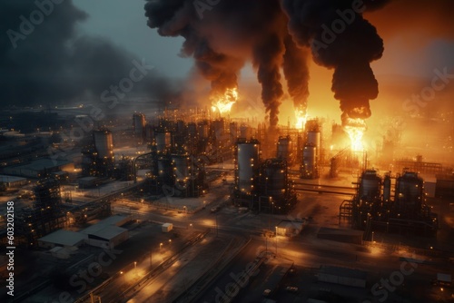 A gripping view from the sky at night  showing an oil factory engulfed in a raging fire and billowing smoke. The intense blaze illuminates the darkness  creating a scene of destruction Generative AI