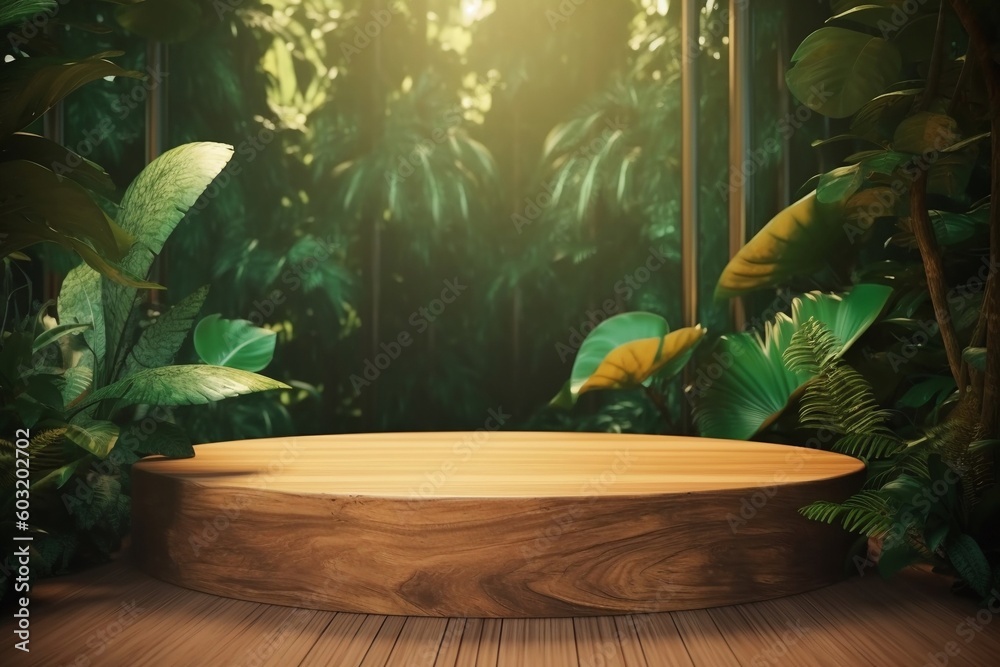 Wooden podium with tropical leaf AI Generative