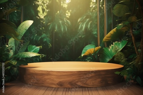 Wooden podium with tropical leaf AI Generative