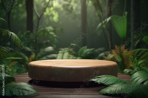 Wooden podium with tropical leaf AI Generative