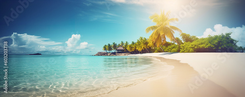 panorama of a tropical island, a lagoon with clear water, palm trees on the shore and a bright sun with a blue sky, empty space background
