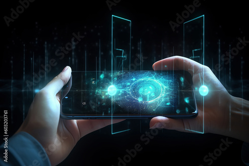 Ai generated illustration of  hand holding smartphone with glowing  hologram on blurry dark background. Identification and crime