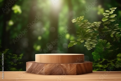 Wooden empty podium for presentation or advertising. Round product display on a blue background  generative ai