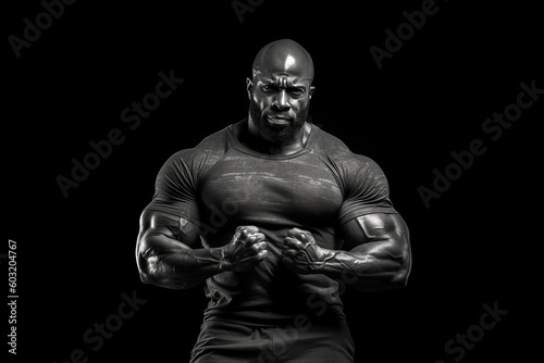 Black and white photorealistic studio portrait of a muscular bodybuilder on black background. Generative AI illustration