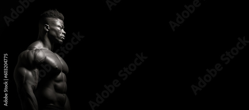 Black and white photorealistic studio portrait of a muscular bodybuilder on black background. Generative AI illustration