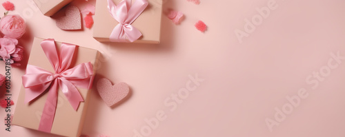 Gift boxes with ribbon with scattered decorative paper hearts  pink background with empty space  wedding  saint valentines day  mother day celebration concept