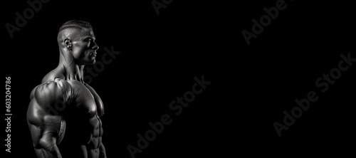 Black and white photorealistic studio portrait of a muscular bodybuilder on black background. Generative AI illustration