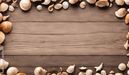 Sea shells border with copy space on wooden background from Generative AI