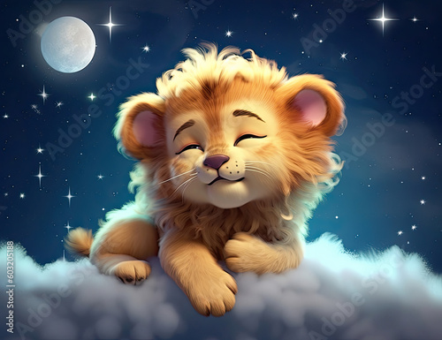 Adorable baby lion nursery art, wall art, children's painting, sleeping, good night. Generative AI