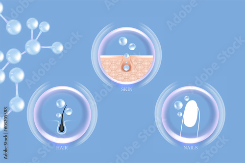 Hyaluronic acid skin hair nails solutions ad, blue collagen serum drop with cosmetic advertising background ready to use, illustration vector.