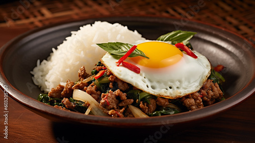 Generative AI image of the Phat kaphrao also spelled as Pad Kra pao, is one of the most popular Thai à la carte dishes