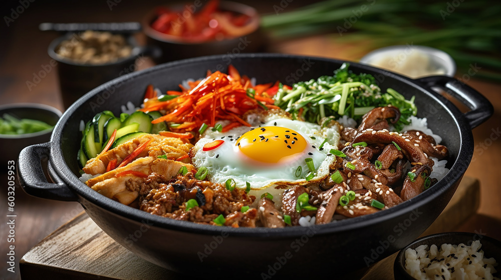 Generative AI image of Bibimbap literally means mixed rice in Korean. Served as a bowl of rice topped with sauteed vegetables and chili pepper paste. Added with egg and slice meat.
