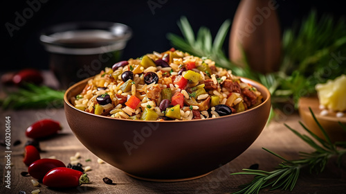Generative AI image of the Jambalaya, an American Creole and Cajun rice dish of French, African and Spanish influence, consisting of meat and vegetables mixed with rice