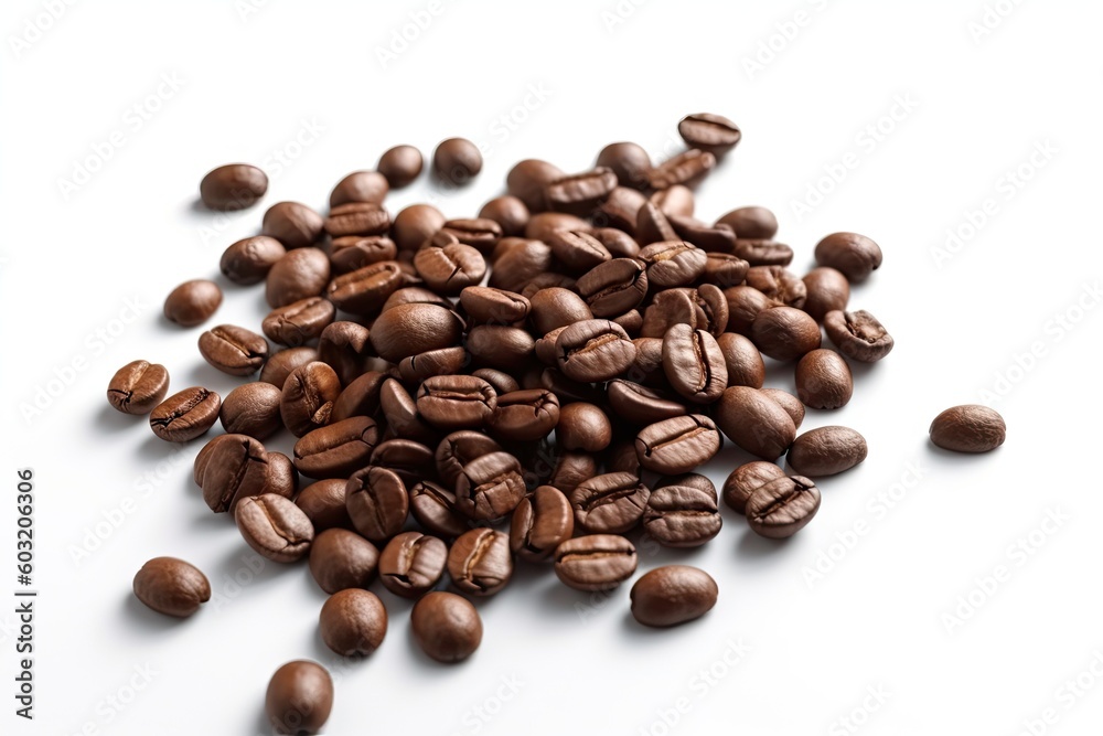 Morning Boost. Closeup of Espresso Coffee Beans on a White Background. Generative AI illustrations. Morning Boost. Closeup of Espresso Coffee Beans on a White Background. Generative AI illustrations.
