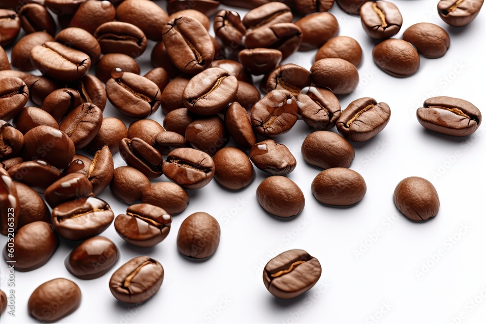 Morning Boost. Closeup of Espresso Coffee Beans on a White Background. Generative AI illustrations.