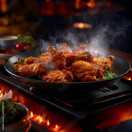 fried chicken on a sizzling hot plate.generative ai