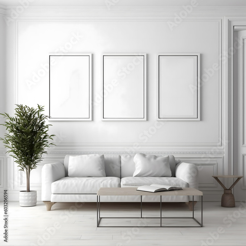 modern interior with white sofa, three frames mockup, big 3 frames mockup in living room © fadi