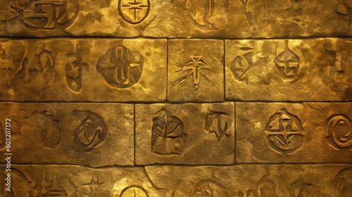 seamless enigmatic symbols etched in glowing gold on an ancient background texture, tile, 8K, generative ai.