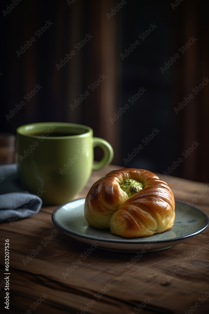 A cup of coffee with bread in the table AU Generative A cup of coffee with bread in the table AU Generative