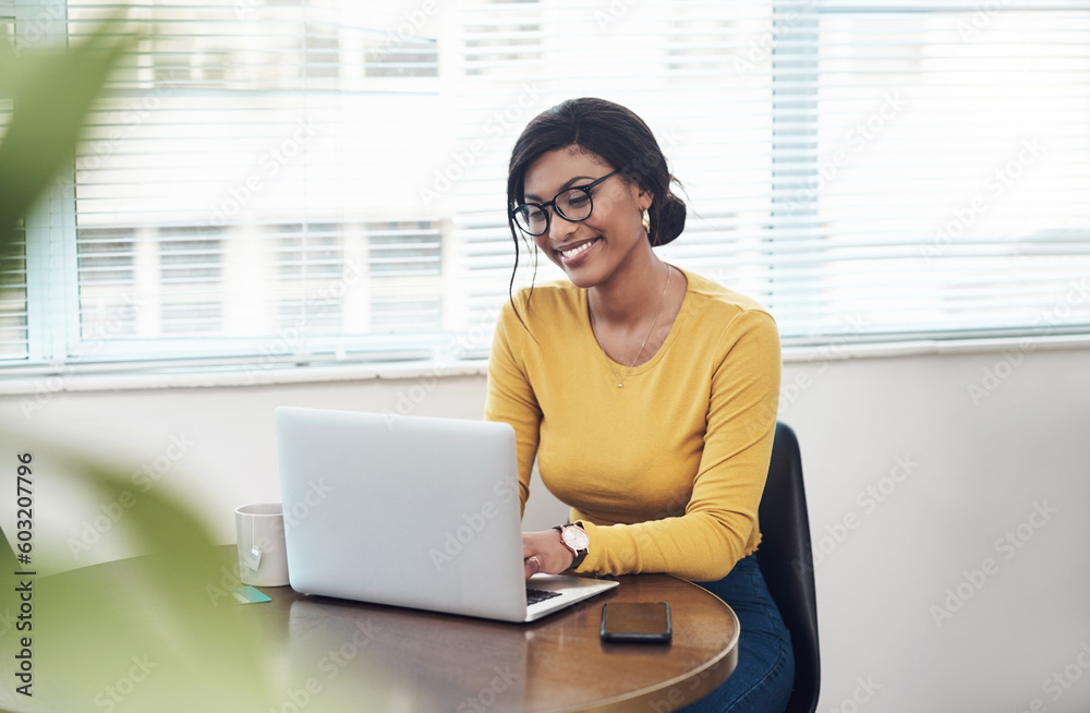 Laptop, office and happy woman with online planning, website research and management software for remote work. Creative business, working and african person on computer at table for home project Laptop, office and happy woman with online planning, website research and management software for remote work. Creative business, working and african person on computer at table for home project