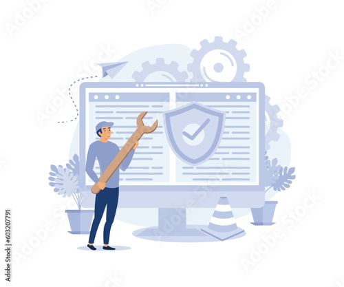 system maintenance, update program and application, technology, engineer, error, fixing a trouble, device updating, flat vector modern illustration