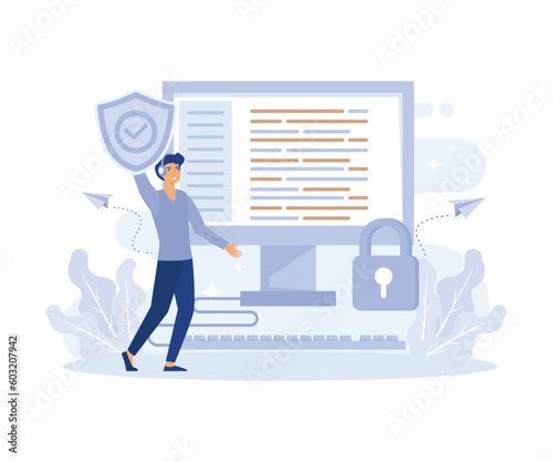 cyber security, Database, cyber security, control, protection of computer services and electronic information, flat vector modern illustration