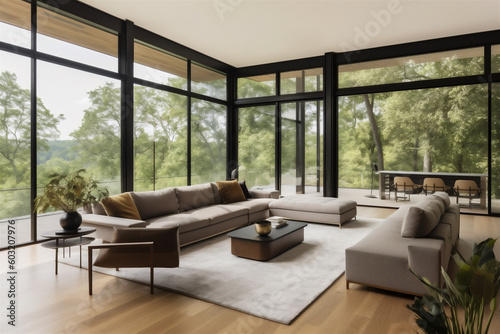 Large living room interior of elegant and stylish forest villa © lichaoshu