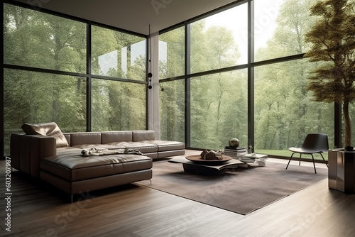Large living room interior of elegant and stylish forest villa
