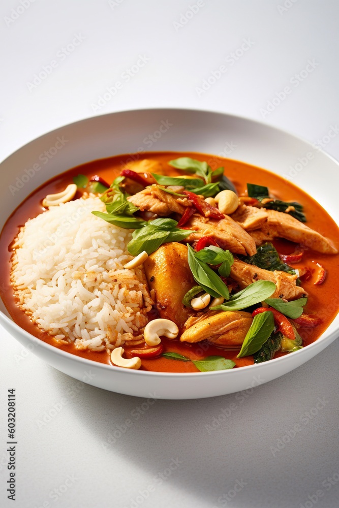 Rice with chicken curry and basil leaf AI Generative