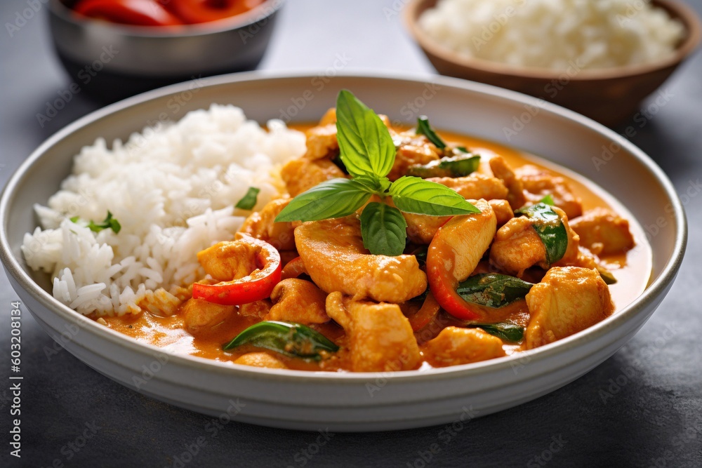 Rice with chicken curry and basil leaf AI Generative