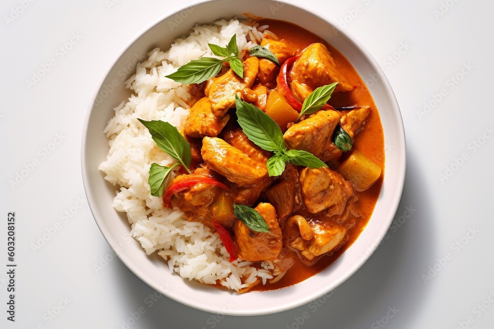 Rice with chicken curry and basil leaf AI Generative