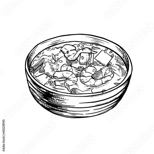 Tasty Asian soup with shrimps in bowl on white background