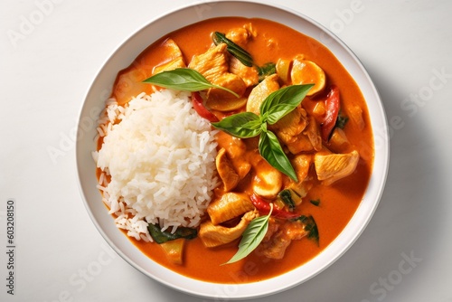 Rice with chicken curry and basil leaf AI Generative