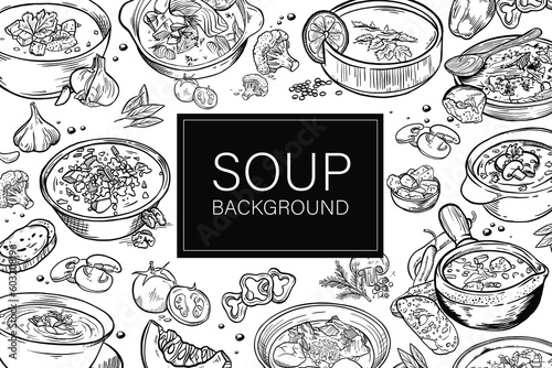 Banner with different tasty soups on white background