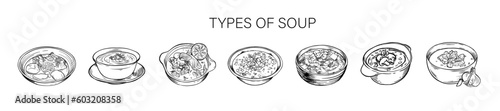 Banner with different tasty soups on white background