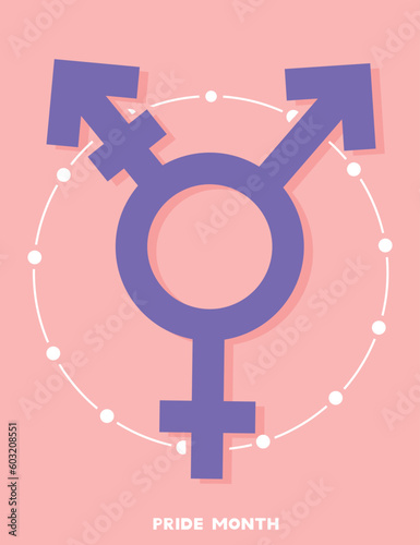 Banner with transgender symbol and text PRIDE MONTH on pink background