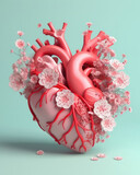 Heart organ with blooming flowers isolated, health and disease concept, AI Generated banner in 3d style