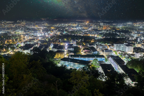 Panoramic aerial view of phuket town at nights illuminated with the night lights Phuket thailand 