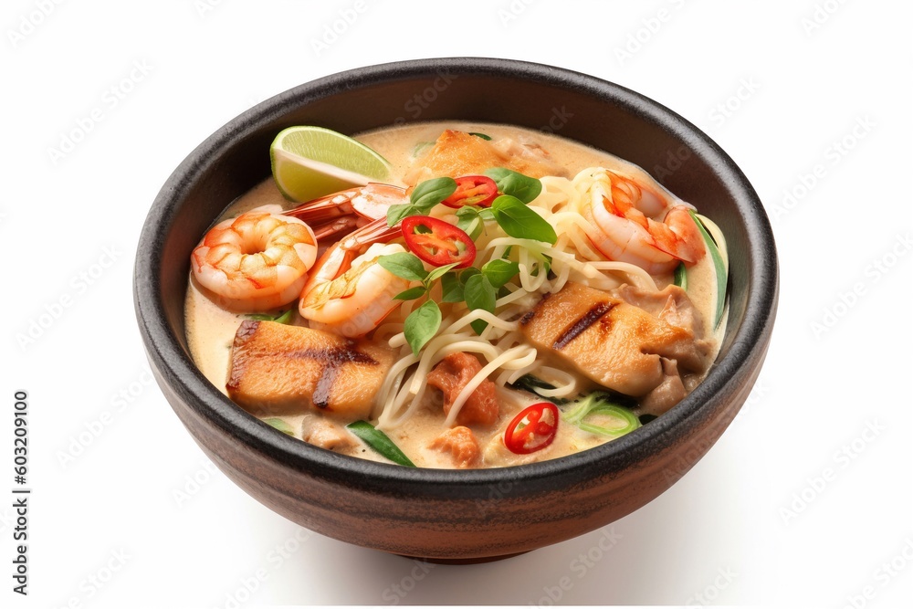 A bowl curry with shrimp isolated on white AI Generative