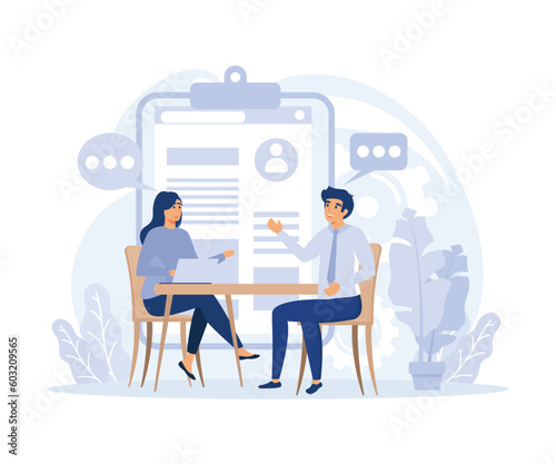 Employment stages, Coworkers business meeting. Expat work, job interview, teamwork, flat vector modern illustration