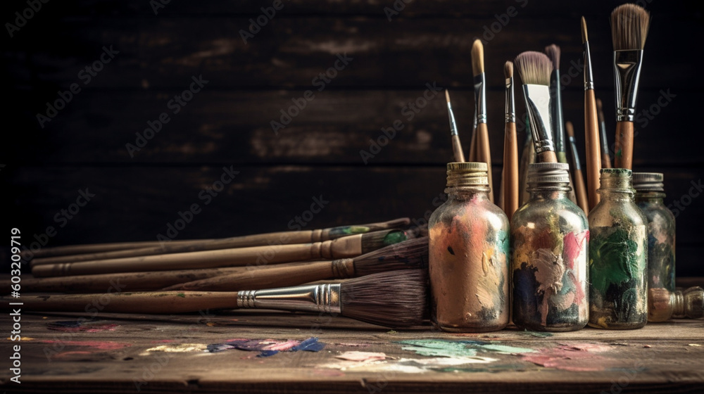 Brushes with paint on a desk in a workshop. Color paints with brushes. Brushes with colored paints. Image generated by AI.