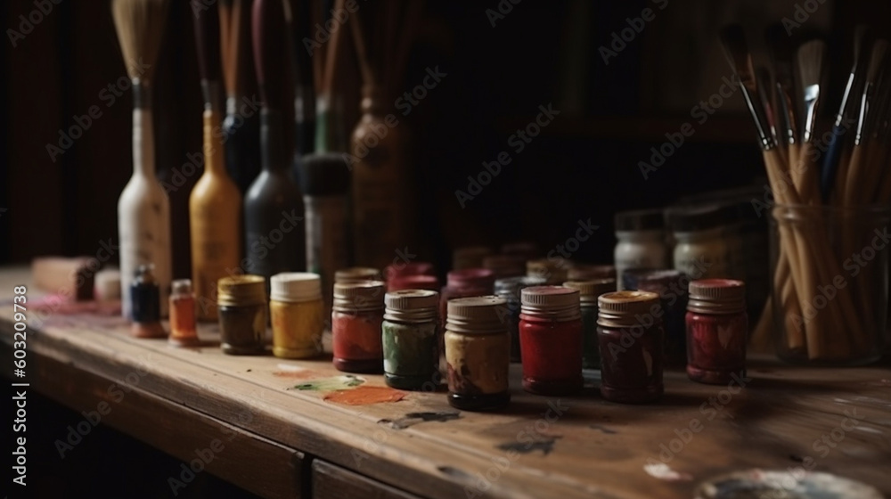 Brushes with paint on a desk in a workshop. Color paints with brushes. Brushes with colored paints. Image generated by AI. Brushes with paint on a desk in a workshop. Color paints with brushes. Brushes with colored paints. Image generated by AI.
