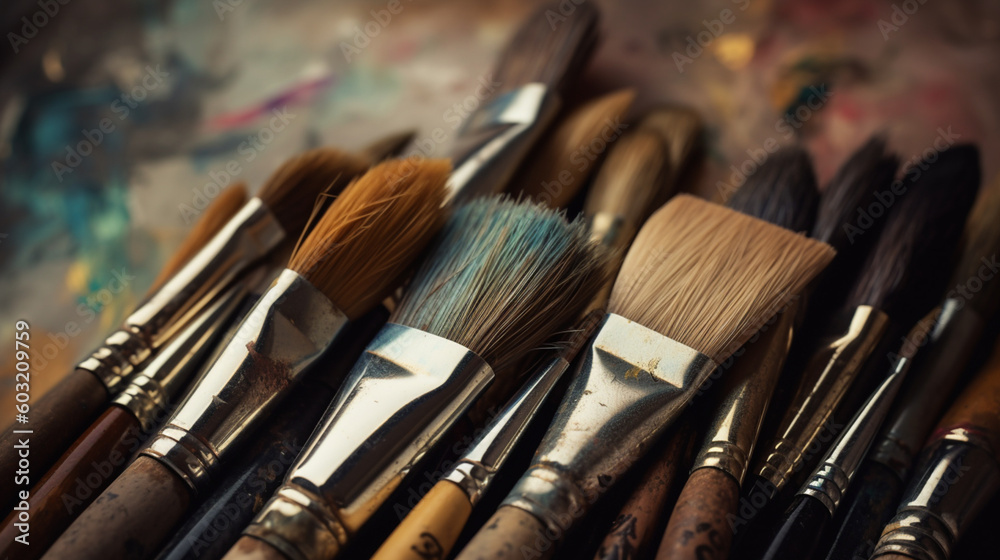 Brushes with paint on a desk in a workshop. Color paints with brushes. Brushes with colored paints. Image generated by AI. Brushes with paint on a desk in a workshop. Color paints with brushes. Brushes with colored paints. Image generated by AI.