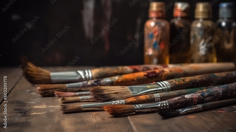 Brushes with paint on a desk in a workshop. Color paints with brushes. Brushes with colored paints. Image generated by AI. Brushes with paint on a desk in a workshop. Color paints with brushes. Brushes with colored paints. Image generated by AI.