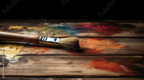 Brushes with paint on a desk in a workshop. Color paints with brushes. Brushes with colored paints. Image generated by AI.