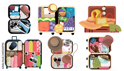 Set of packed suitcases on white background
