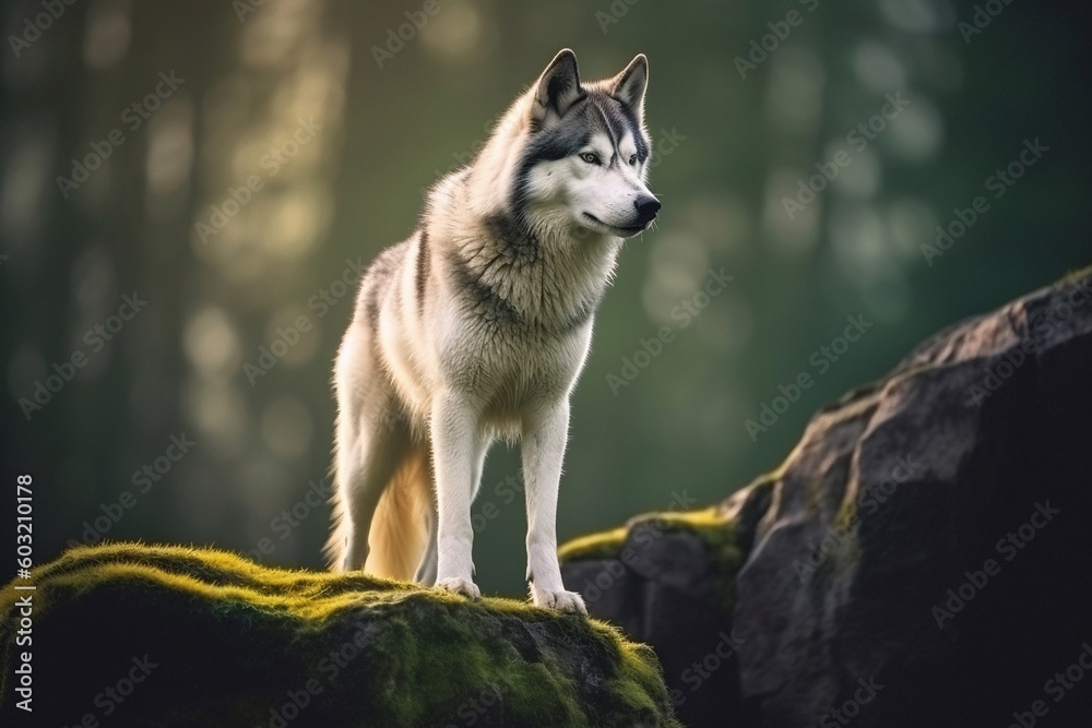 Portrait Siberian husky standing on the rock Portrait Siberian husky standing on the rock