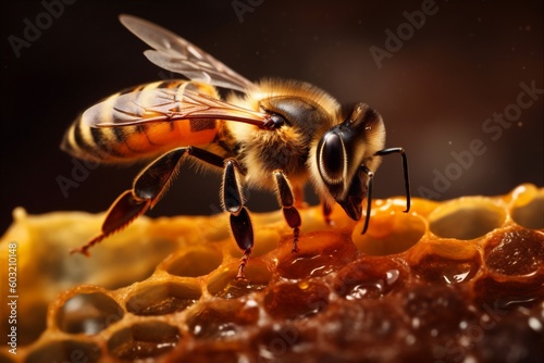 nature bee background macro insect pollen gold wax yellow honey closeup. Generative AI. © SHOTPRIME STUDIO